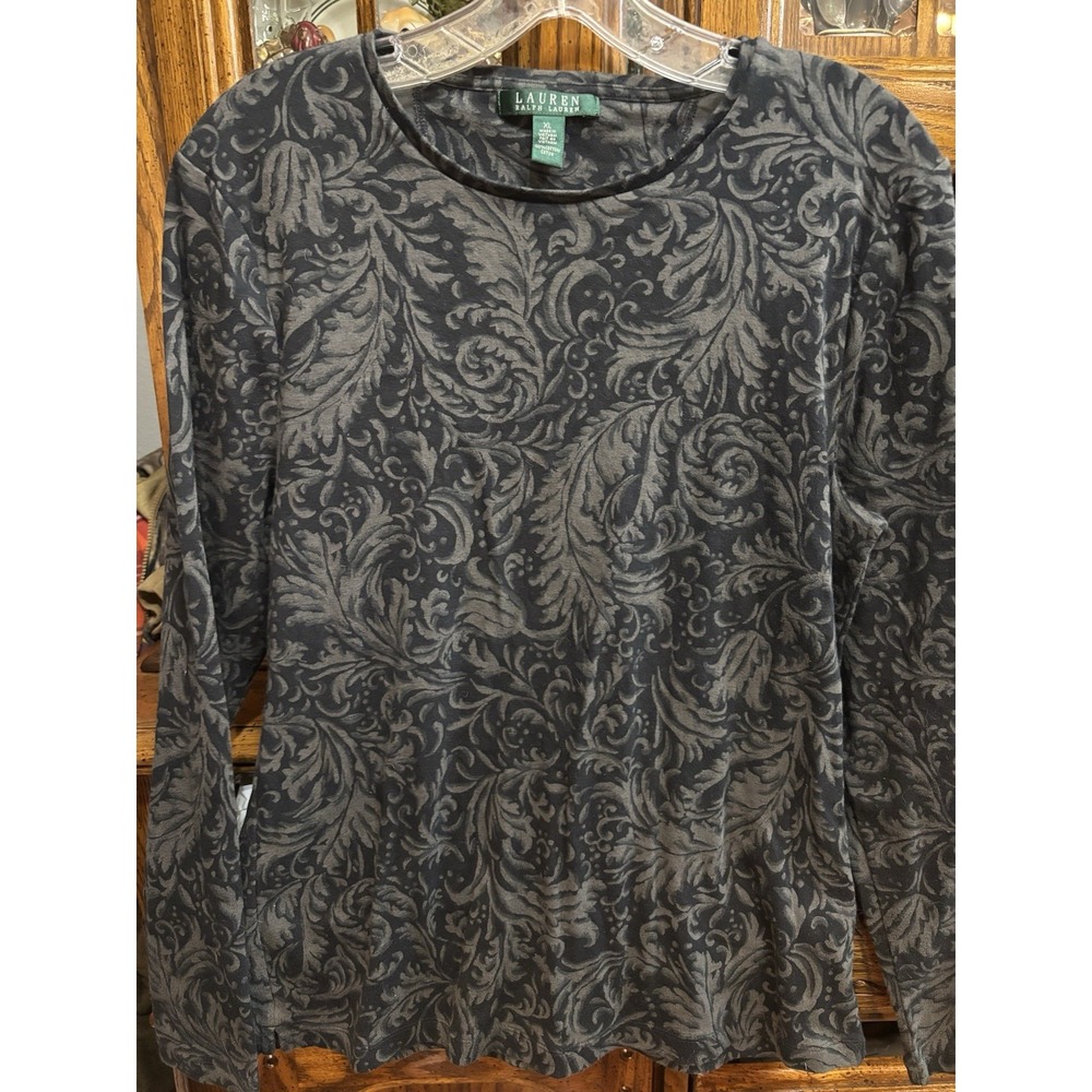 Lauren Ralph Lauren Women's‎ Black Grey Botanical Long Sleeve Shirt XL  Office